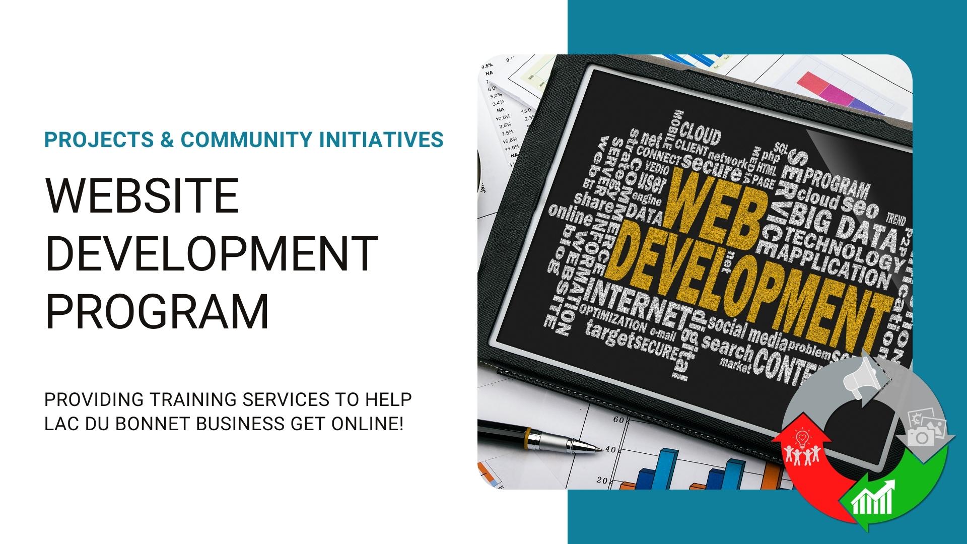 A graphic of the Website Development Program with an image of a tablet on top of papers.