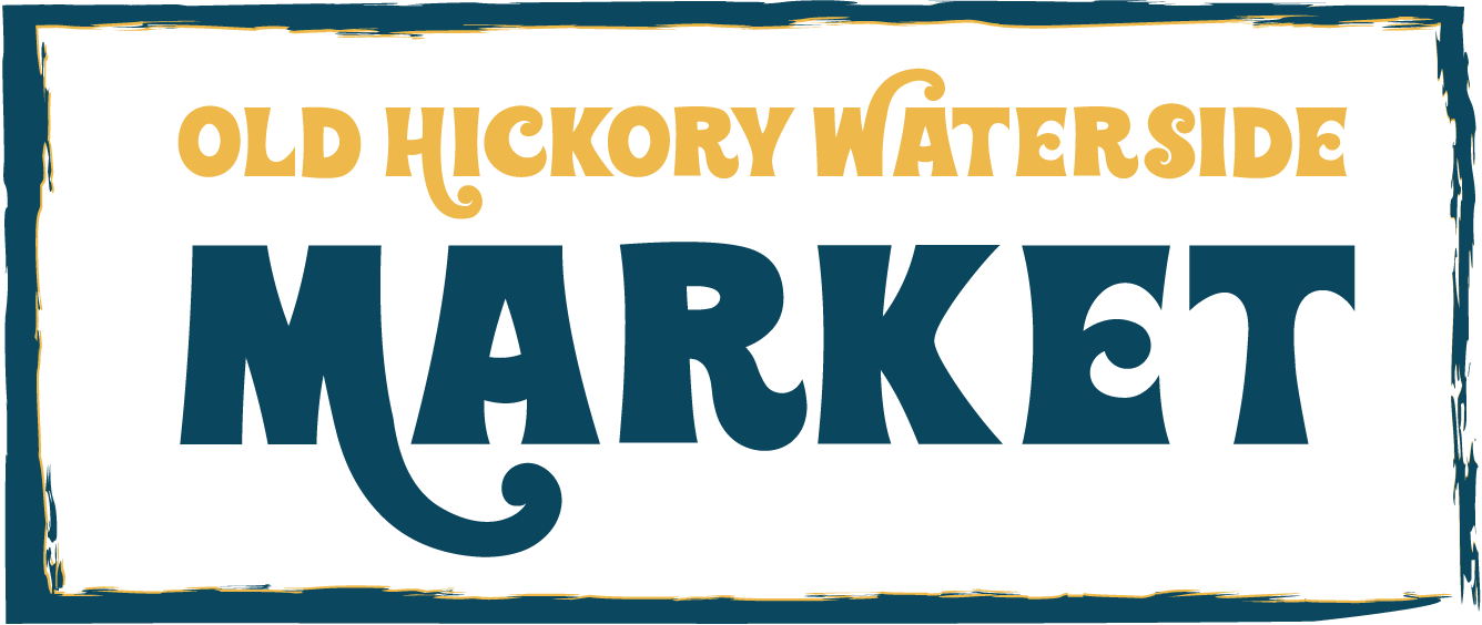 Photo of the Old Hickory Waterside Market logo. words typed out in blue and yellow writing surrounded by blue borders.