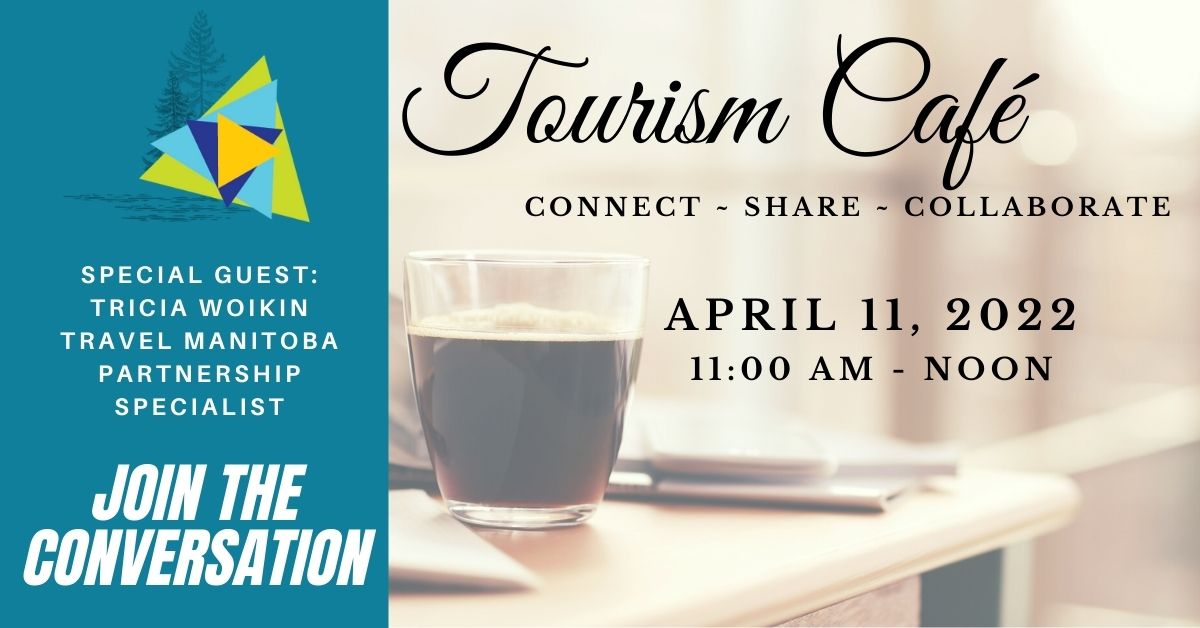 Photo of LdB Tourism Cafe's poster for the April 2022 session which includes a photo of a coffee cup on a office desk.
