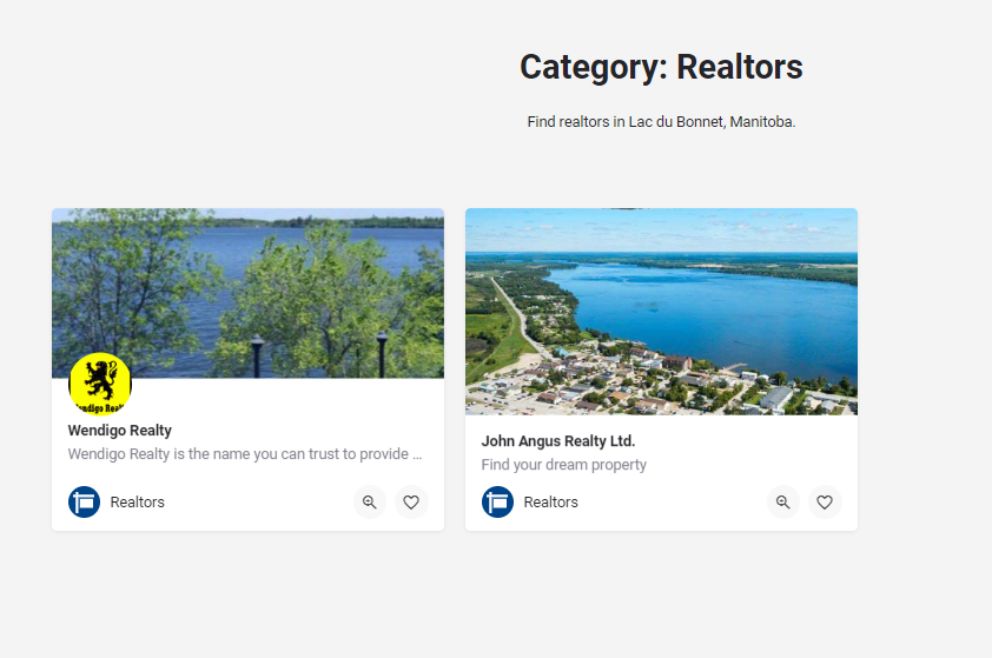 Image of two listings from the Business Directory under the category Realtors. It shows Wendigo Realty and John Angus Realty.