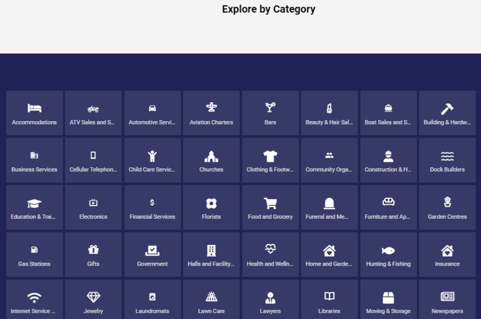 Image of the categories on the Business Directory.