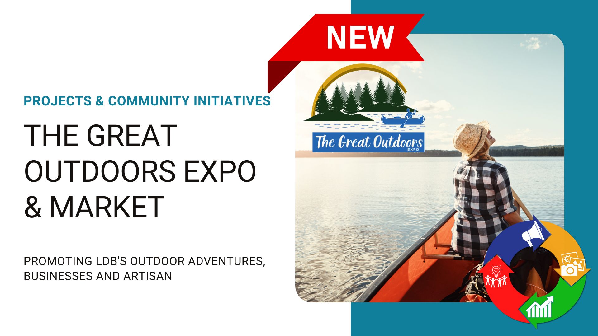 Title slide image showing a picture of a woman in a canoe as part of the advertising for the Great Outdoors Expo and Market.