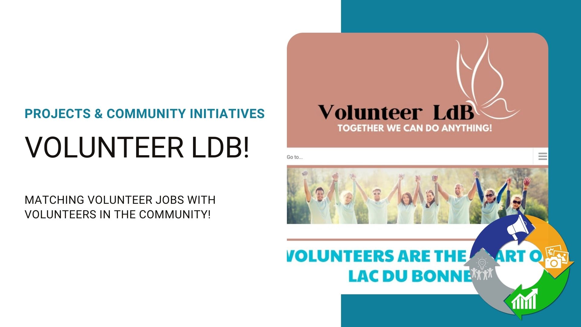 A graphic depicting Volunteer LdB's website which includes a large banner photo of happy people lined up holding hands with each other.