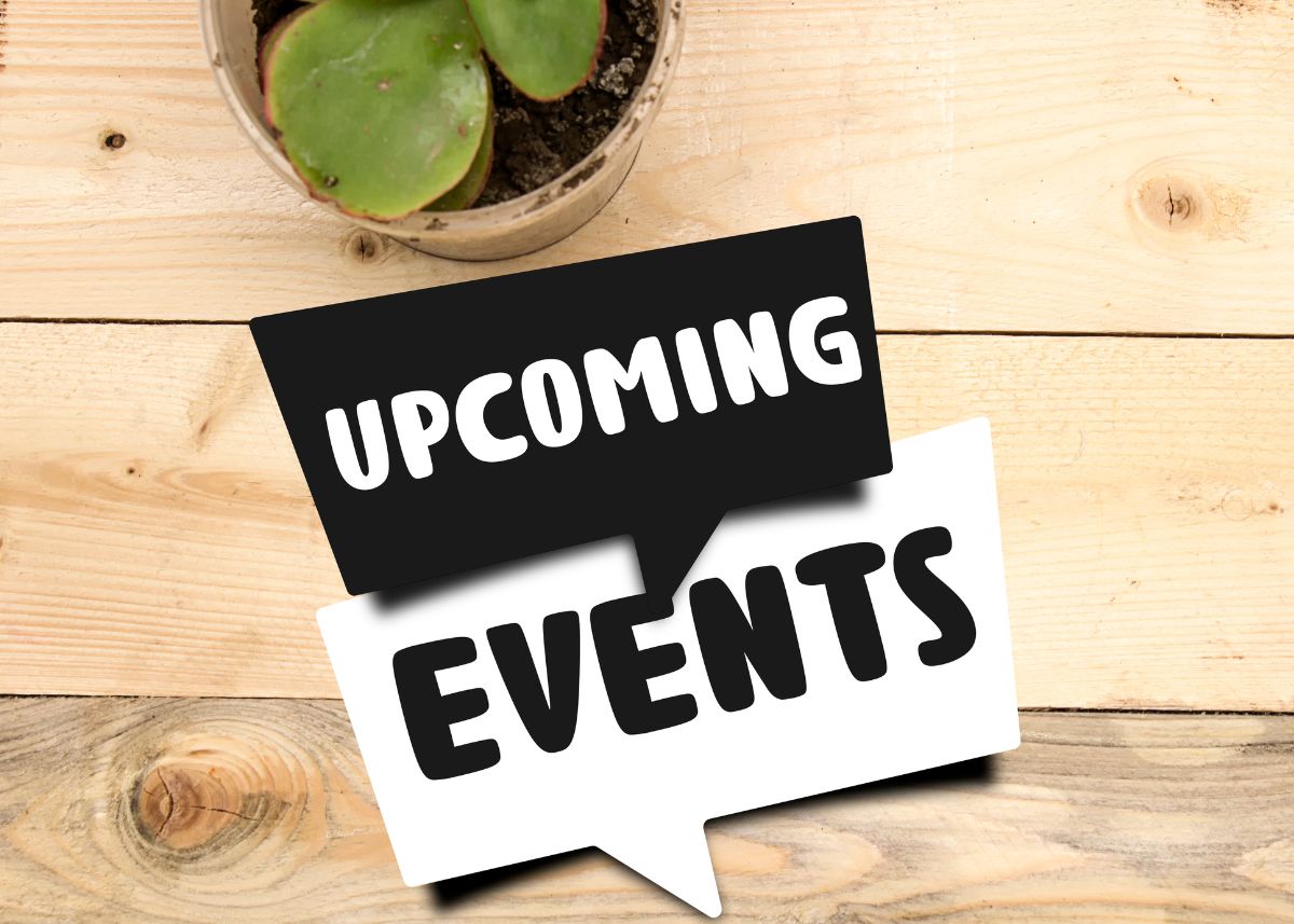 Graphic design of two speech bubbles on a table saying upcoming events.