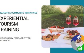 A graphic for Experiential Tourism Training which includes a picture of picnic with glasses of red drink, pastries, and fruits.