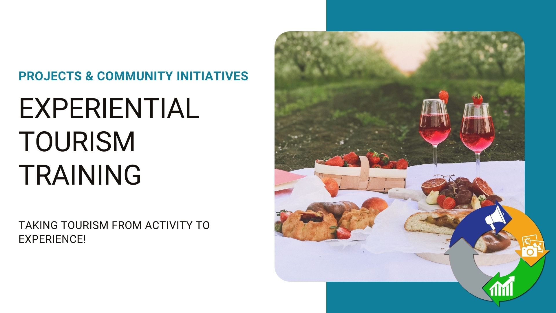 A graphic for Experiential Tourism Training which includes a picture of picnic with glasses of red drink, pastries, and fruits.