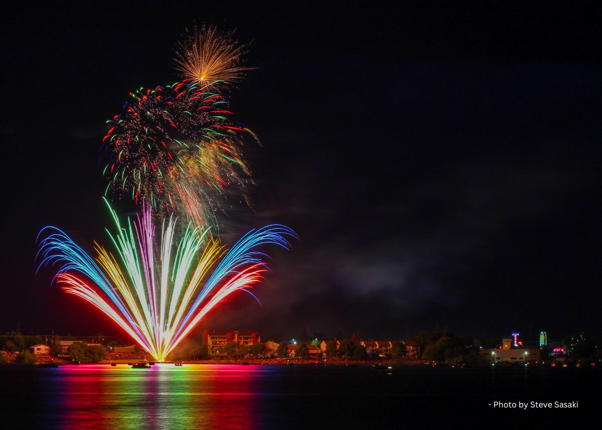 Fireworks display over the Winnipeg River in Lac du Bonnet