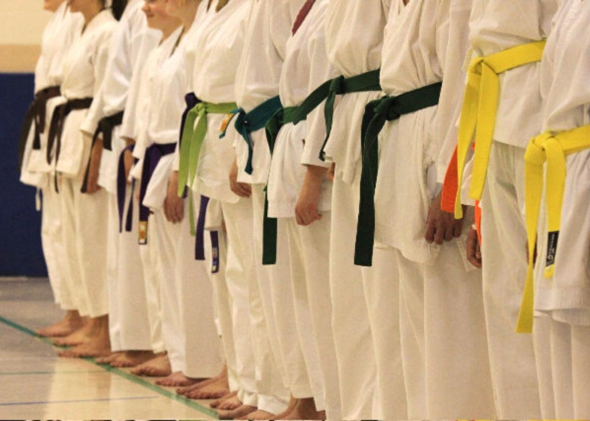 Photo of some of Lac du Bonnet Karate Club's students line up in a row wearing their gi's and colored belts.
