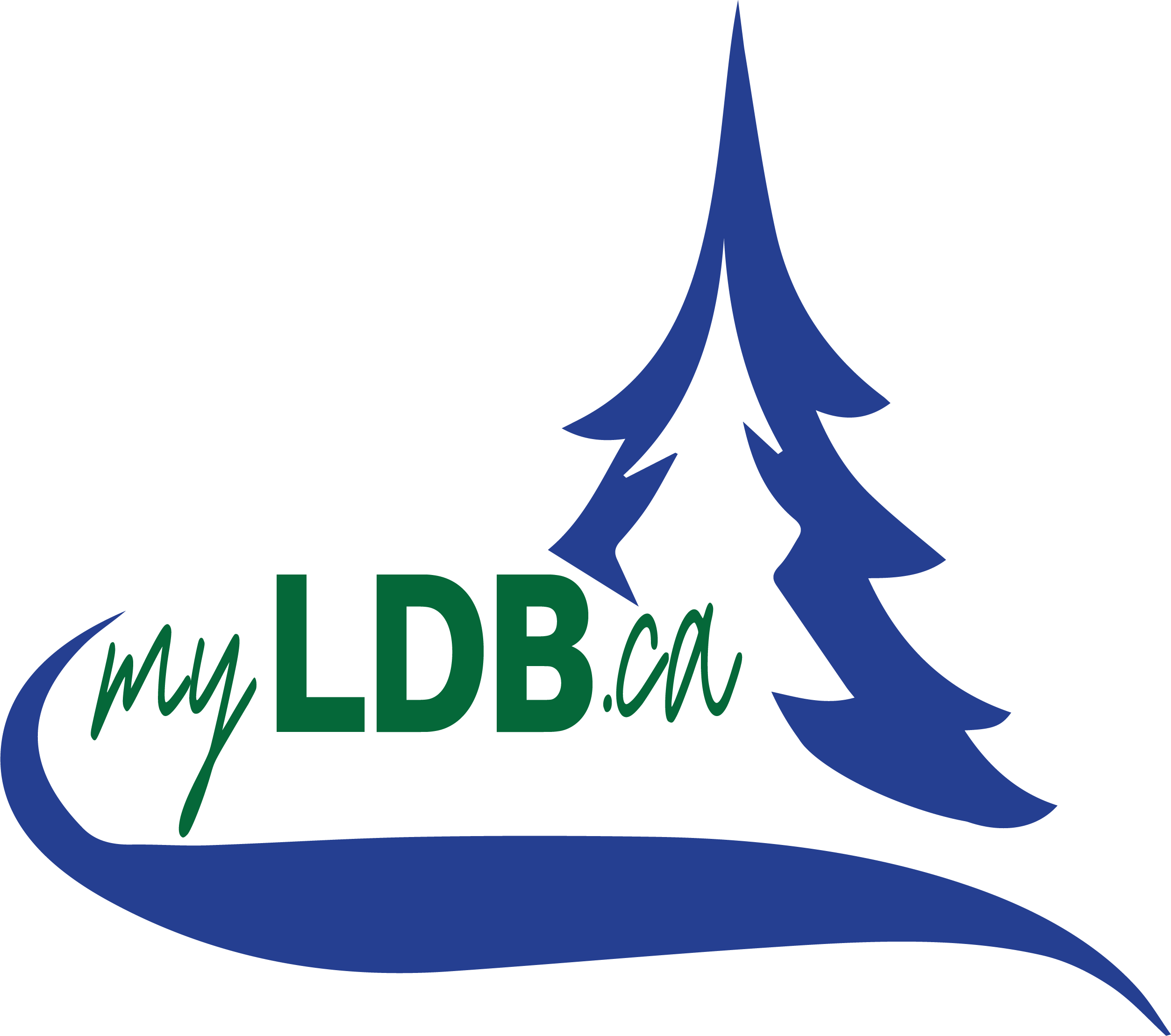 Photo of MyLdB's logo which includes in green writing the words 'My LdB dot ca'. There is also a blue tree with a white tree inside it and dark blue water under the writing.
