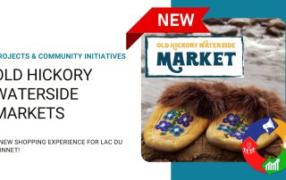A graphic depicting the Old Hickory Waterside Markets with an image of moccasins on rocks along the water.