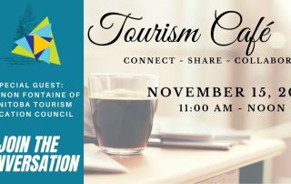 Graphic of the poster for the LdB Tourism Cafe which includes a picture of a coffee cup on an office desk.