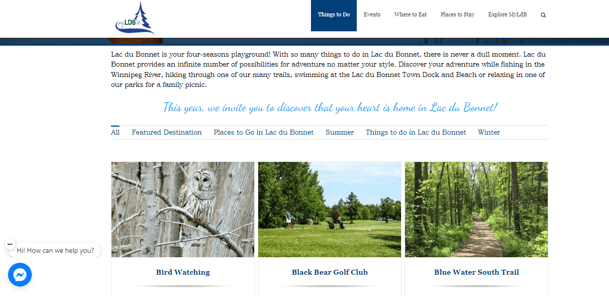 Photo of MyLdB Tourism Website featuring three listings - Birding with a picture of a snow owl, Black Bear Golf Club with a photo of the course, and Blue Water South Trail with a photo of the trail surrounded by green trees.